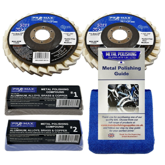 Metal polishing kit with flap discs, compounds, and a guide on a white background