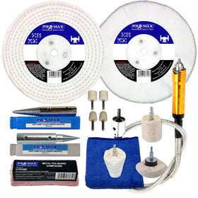 Polishing kit with wheels, buffs, and tools on a white background