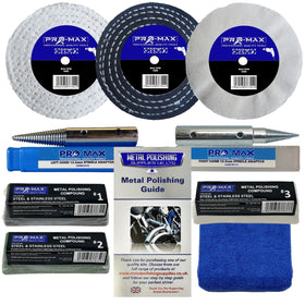 Collection of Pro-Max metal polishing products including discs, adapter, guide, and compounds on a white background.