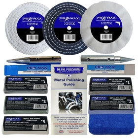 Collection of Pro-Max metal polishing products including discs, adapters, and compounds on a white background.