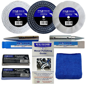 Collection of metal polishing tools and accessories including wheels, adaptors, and a guide on a white background.