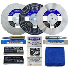 Collection of Pro-Max metal polishing products including discs, compounds, and a guide on a white background.