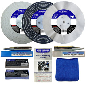 Collection of metal polishing products including discs, compounds, and accessories on a white background.
