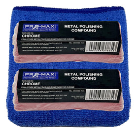 Two packs of Pro-Max metal polishing compound on blue cloths with labels.