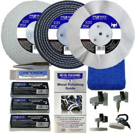 Collection of metal polishing products including discs, compounds, and guides on a white background.
