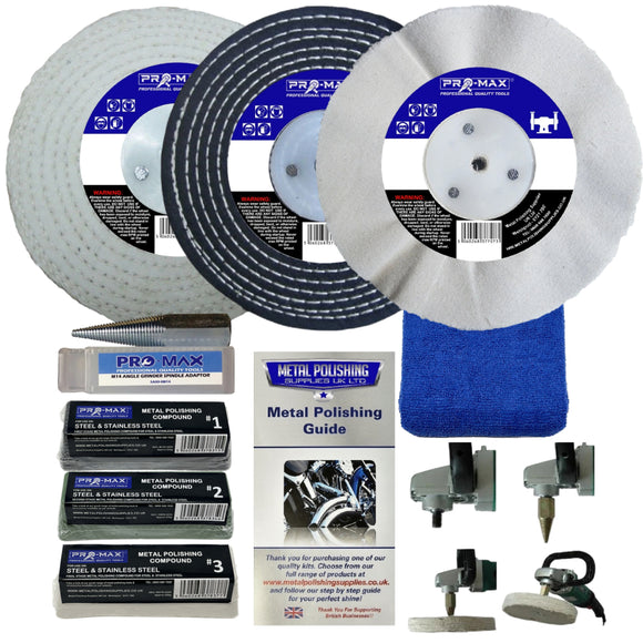 Collection of metal polishing tools and supplies including discs, compounds, and a guide on a white background.