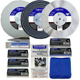 Collection of metal polishing products including discs, compounds, and a guide on a white background.