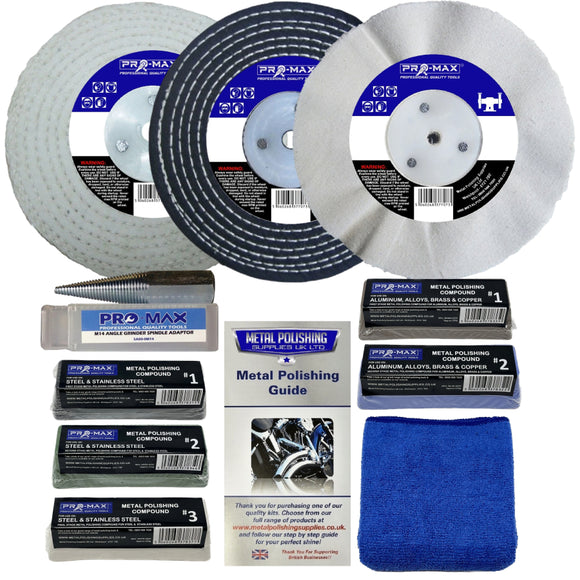 Collection of metal polishing products including discs, compounds, and a guide on a white background.