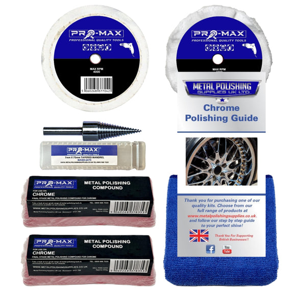 Collection of Pro-Max metal polishing products including discs, compounds, and a guide on a white background.