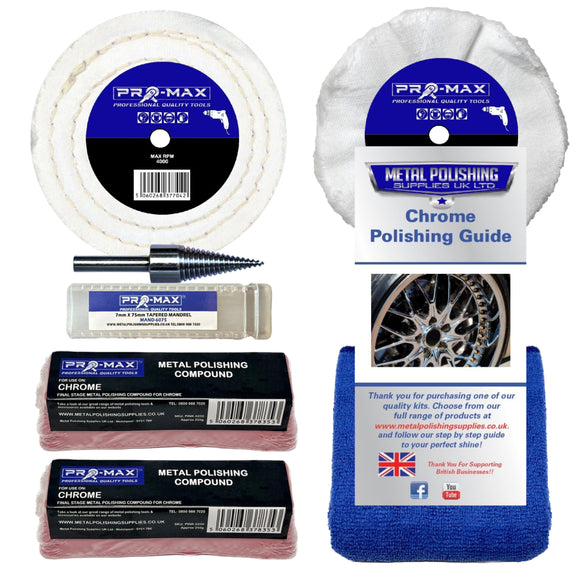 Collection of Pro-Max metal polishing products including a roll of paper, compounds, and a guide on a white background.