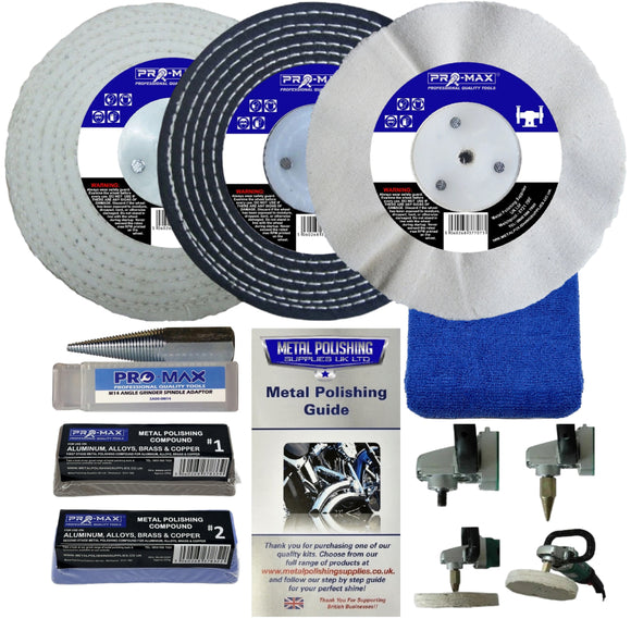 Collection of metal polishing products including discs, a guide, and tools on a white background.