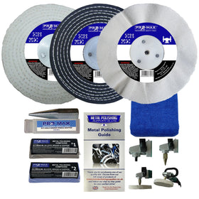 Collection of metal polishing products including discs, a guide, and tools on a white background.