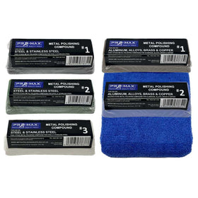 Set of Pro-Max metal polishing compounds with packaging on a white background
