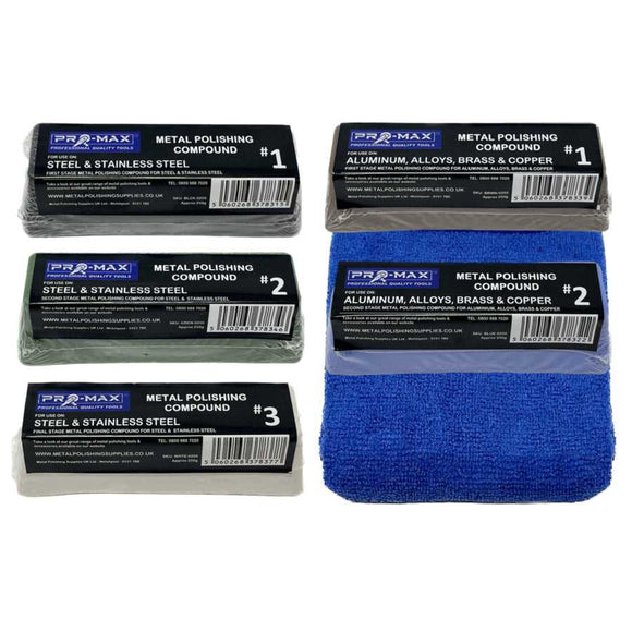 Set of Pro-Max metal polishing compounds with packaging on a white background