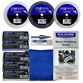 Metal polishing kit with discs, compounds, a cloth, and a guide on a white background