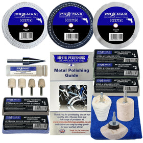 Collection of Pro-Max metal polishing tools and accessories on a white background