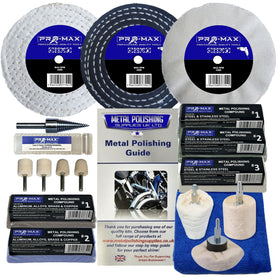 Metal polishing kit with various tools and a guide on a white background