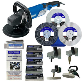 Collection of metal polishing tools and accessories on a white background