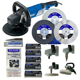 Collection of automotive polishing tools and accessories on a white background