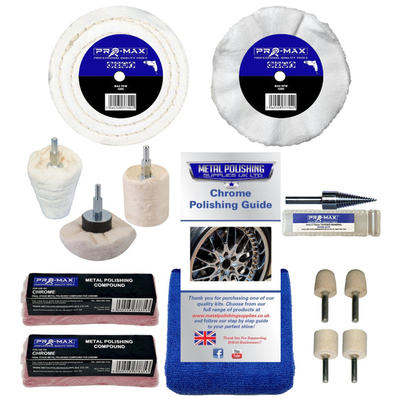 Collection of Pro-Max chrome polishing products on a white background