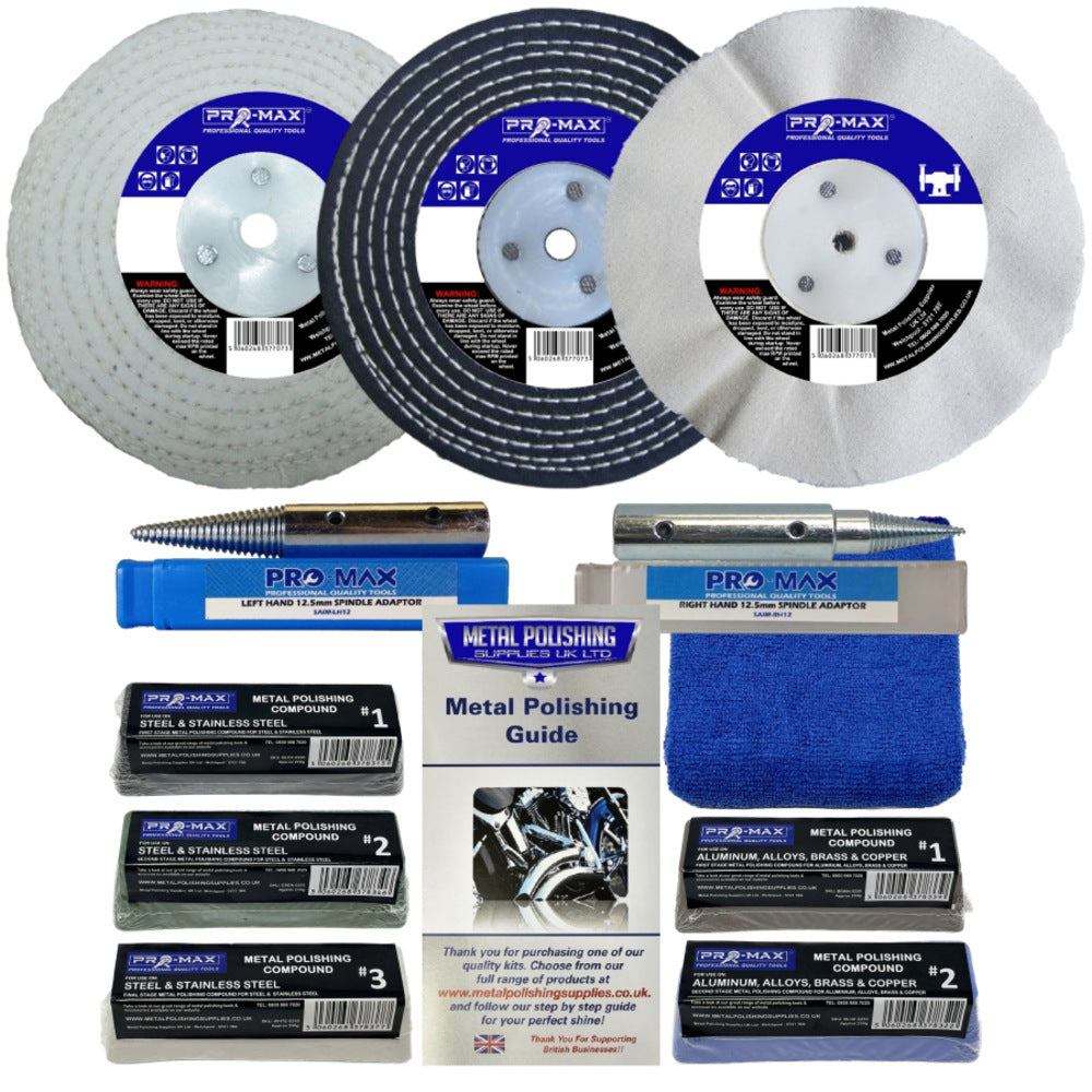 Bench Grinder Metal Polishing Kits with three circular buffing wheels, metal spindle adaptors, polishing compounds and guide