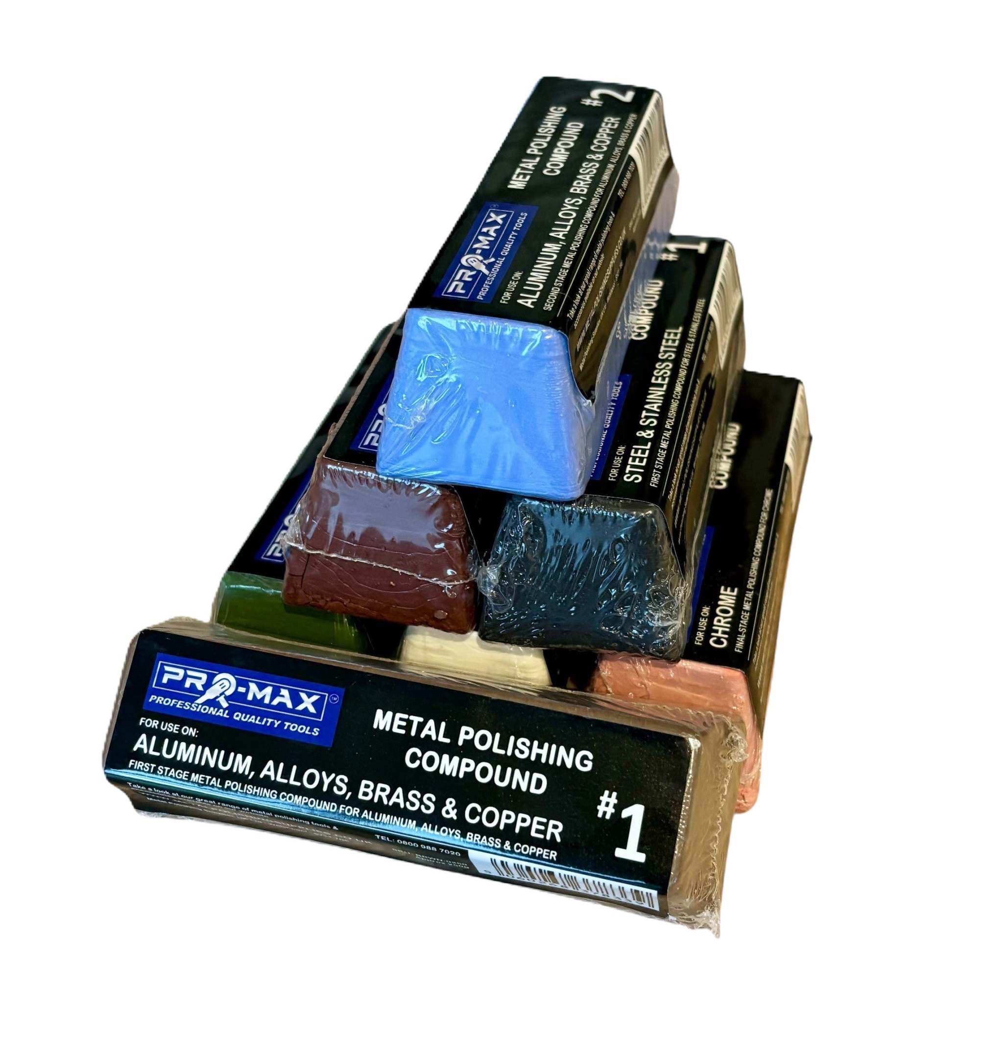 Metal Polishing Compounds in stacked bars with black Pro-Max packaging and blue, brown, and dark abrasive blocks
