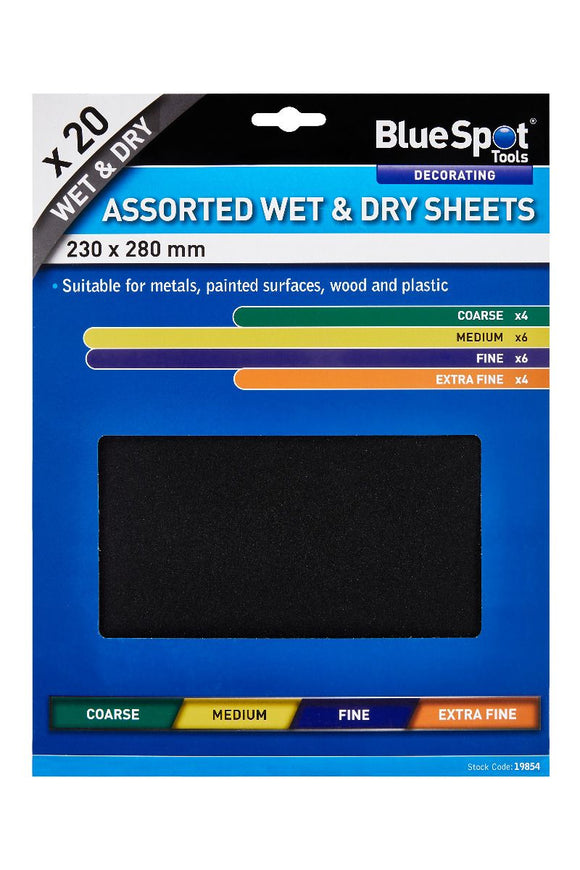 Wet And Dry Sandpaper Sheets Assorted 20pc - Blue Spot