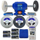 250W Bench Grinder Polisher with a blue metal body, white and black buffing wheels, polishing compounds and accessories