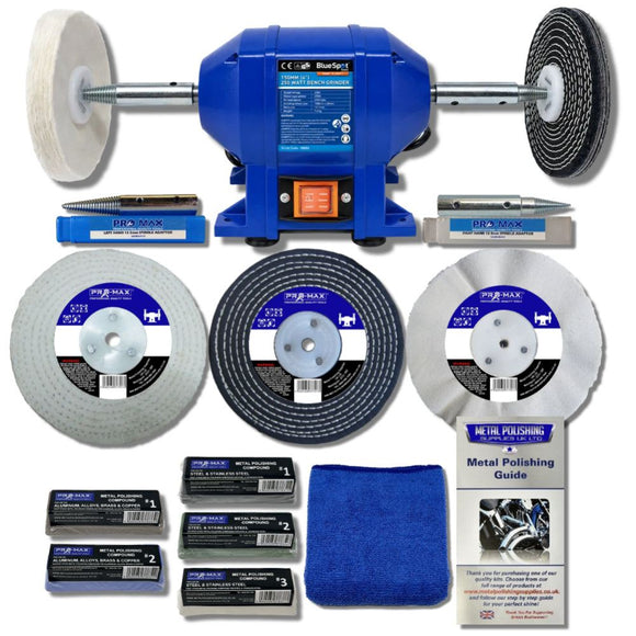 250W Bench Grinder Polisher with a blue metal body, white and black buffing wheels, polishing compounds and accessories