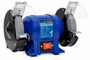 250W Bench Grinder Polisher with a blue metal body, twin grey grinding wheels, clear eye shields and black guards