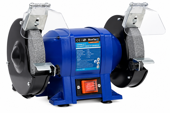 250W Bench Grinder Polisher with a blue metal body, twin grey grinding wheels, clear eye shields and black guards