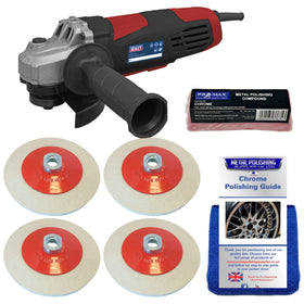 Angle grinder with polishing pads and a guide on a white background