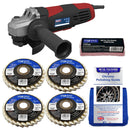 Angle grinder with metal polishing compound, pads, and guide on a white background