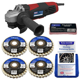 Angle grinder with metal polishing compound, pads, and guide on a white background