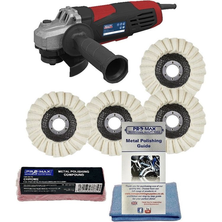 Angle Grinder Sealey 750W With Pro-Max 6pc Chrome Metal Polishing Kit