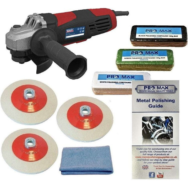 Angle Grinder Sealey 750W With Pro-Max 7pc Steel & Stainless Steel Metal Polishing Kit