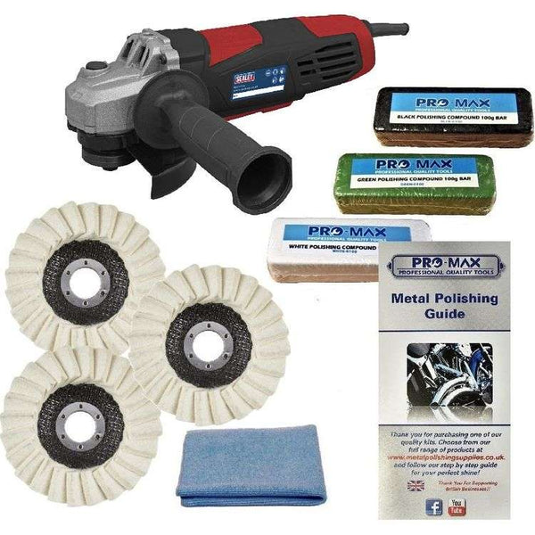 Angle Grinder Sealey 750W With Pro-Max 7pc Steel & Stainless Steel Metal Polishing Kit