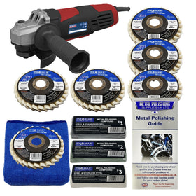 Angle grinder with metal polishing pads and guide on a white background