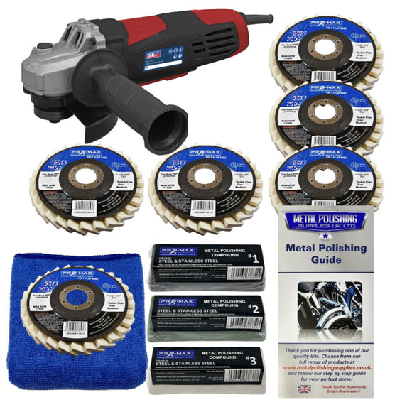 Angle grinder with metal polishing pads and guide on a white background