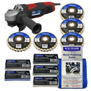 Angle grinder with metal polishing pads and guide on a white background