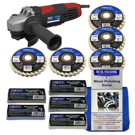 Angle grinder with metal polishing pads and guide on a white background