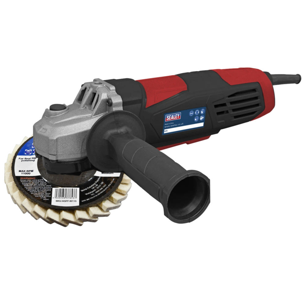Sealey Angle Grinder 115mm / 750W With 7pc Aluminium & Soft Metal Polishing Kit - Felt Flap Wheels