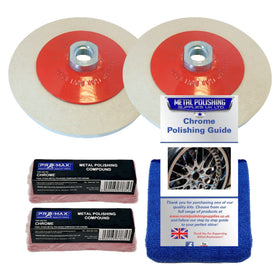 Metal polishing kit with two polishing wheels, two compounds, a cloth, and a guide on a white background.