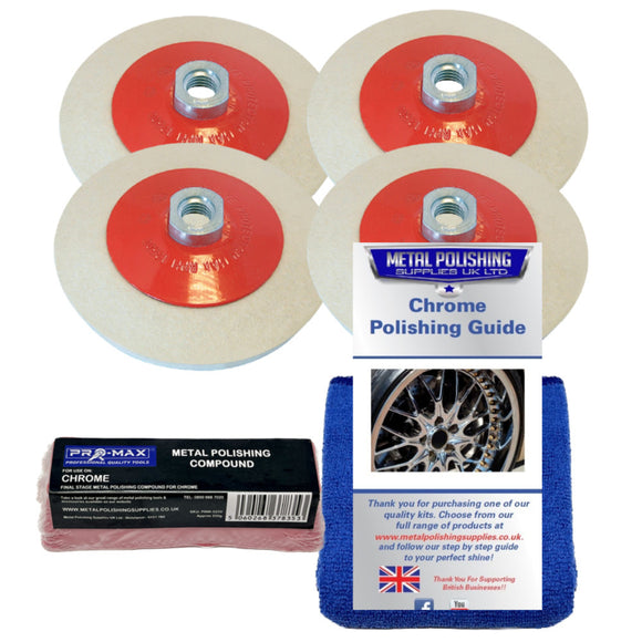 Metal polishing kit with polishing pads, compound, and guide on a white background