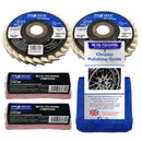 Metal polishing products including flap discs, compounds, and a guide on a white background