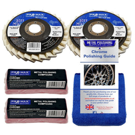 Metal polishing products including flap discs, compounds, and a guide on a white background