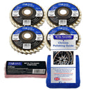 Metal polishing kit with wheels, compound, and guide on a white background