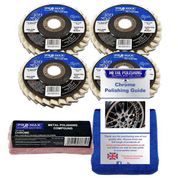 Metal polishing kit with wheels, compound, and guide on a white background