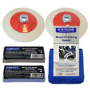 Metal polishing kit with polishing pads, compounds, and a guide on a white background