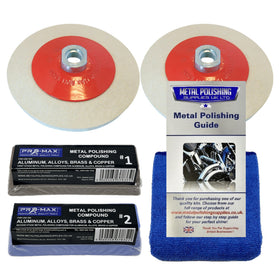 Metal polishing kit with polishing pads, compounds, and a guide on a white background